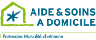 Logo Aide & Soins à Domicile. Illustration d'une maison verte contenant un symbole d'étoile ou de fleur bleue, à côté du texte 'Aide & Soins à Domicile'.