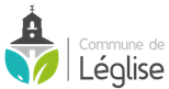 Logo de la Commune de Léglise. Représentation stylisée d'un clocher d'église surmontant deux feuilles, une bleue et une verte. Le texte 'Commune de Léglise' est en gris foncé.