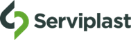 Logo Serviplast. Un pictogramme stylisé représentant deux formes en parenthèses, une vert foncé et une vert clair, devant le nom 'Serviplast' en gris foncé.