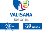 Logo Valisana, Groupe Hospitalier Saint-Luc UCL. Le logo combine des formes bleues, un U stylisé aux couleurs multiples (jaune, vert, rouge, violet), le nom 'VALISANA' et les logos partenaires Valida et Sanatia.